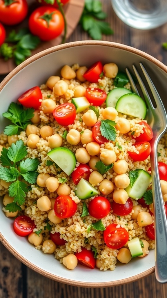 A colorful chickpea quinoa salad with tomatoes, cucumber, and parsley in a bowl on a wooden table.